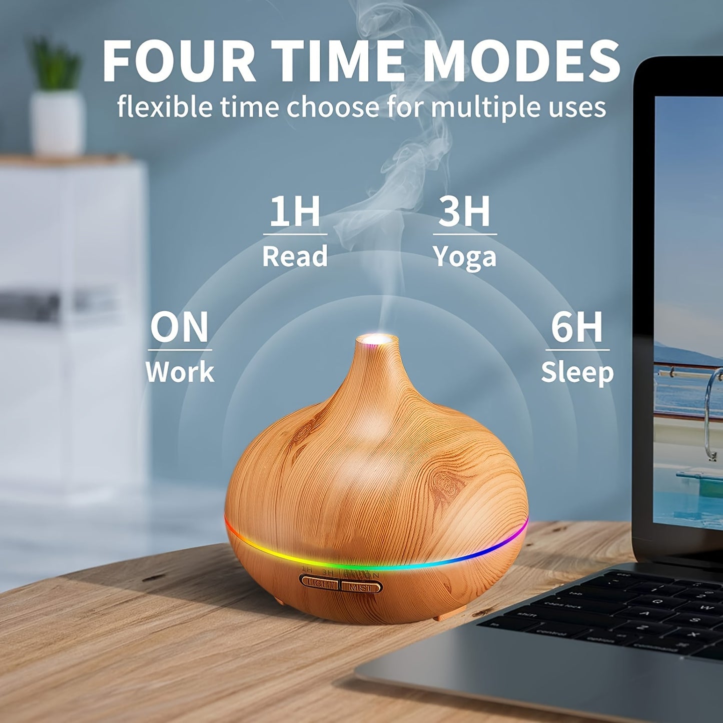 Soundwave technology 550ml Aroma Diffuser Humidifier with Wood Grain Design, 7-Color Night Light, Timer Setting, USB Powered - Quiet Desktop Diffuser for Office, Bedroom, Cafe, Yoga
