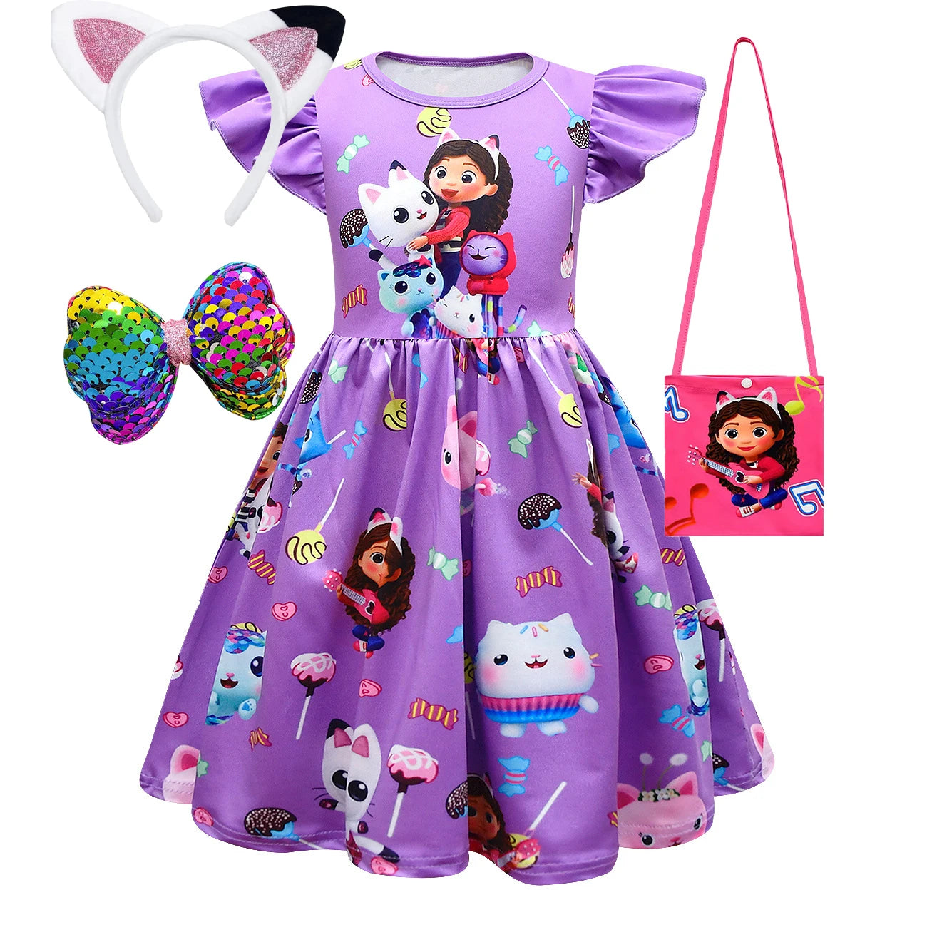 Girls Dress Short Sleeve Gabby's Dollhouse Princess Gabby Cat Mesh Tutu Skirt Children's Birthday Party Cosplay Dress Costume