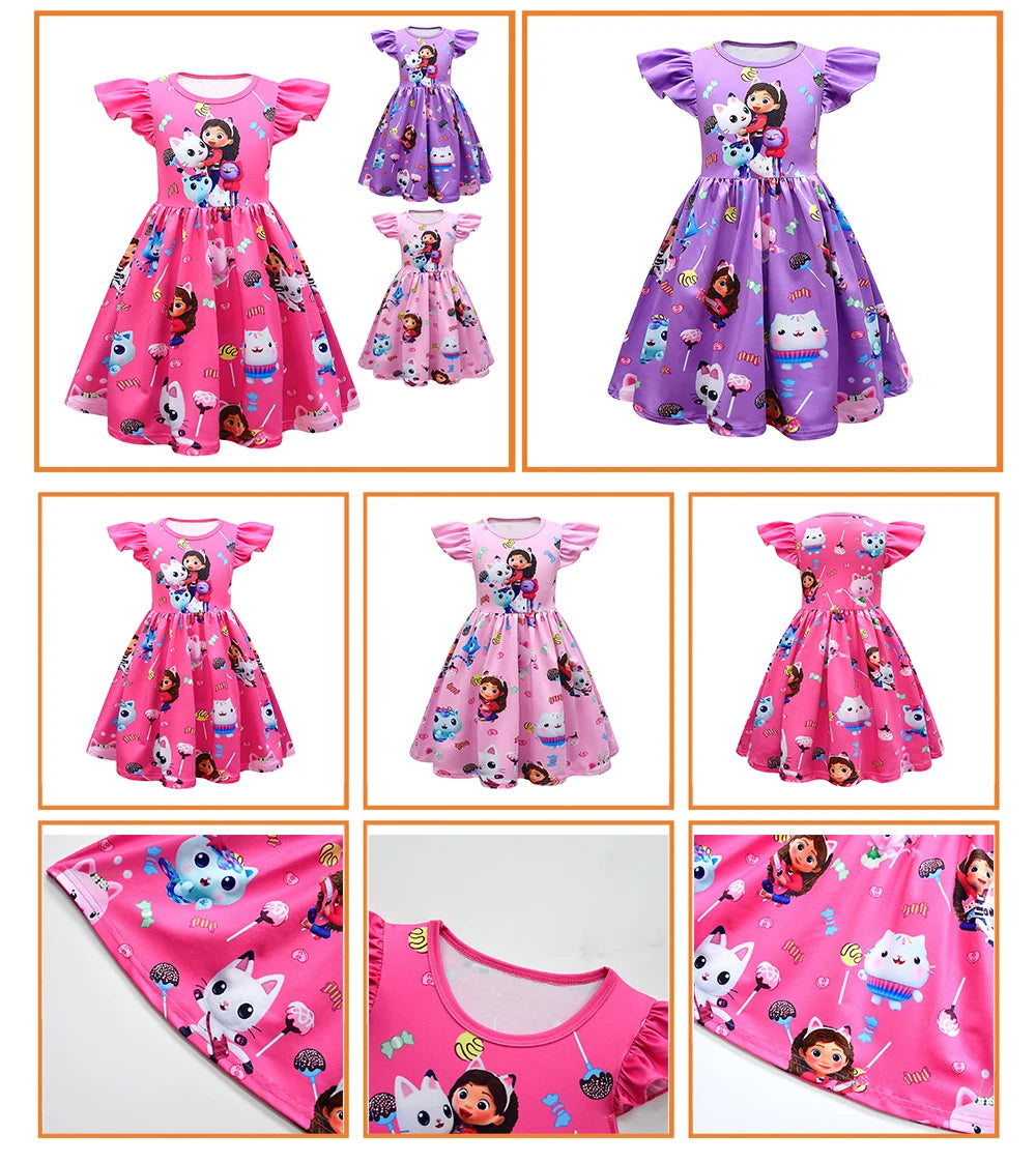 Girls Dress Short Sleeve Gabby's Dollhouse Princess Gabby Cat Mesh Tutu Skirt Children's Birthday Party Cosplay Dress Costume