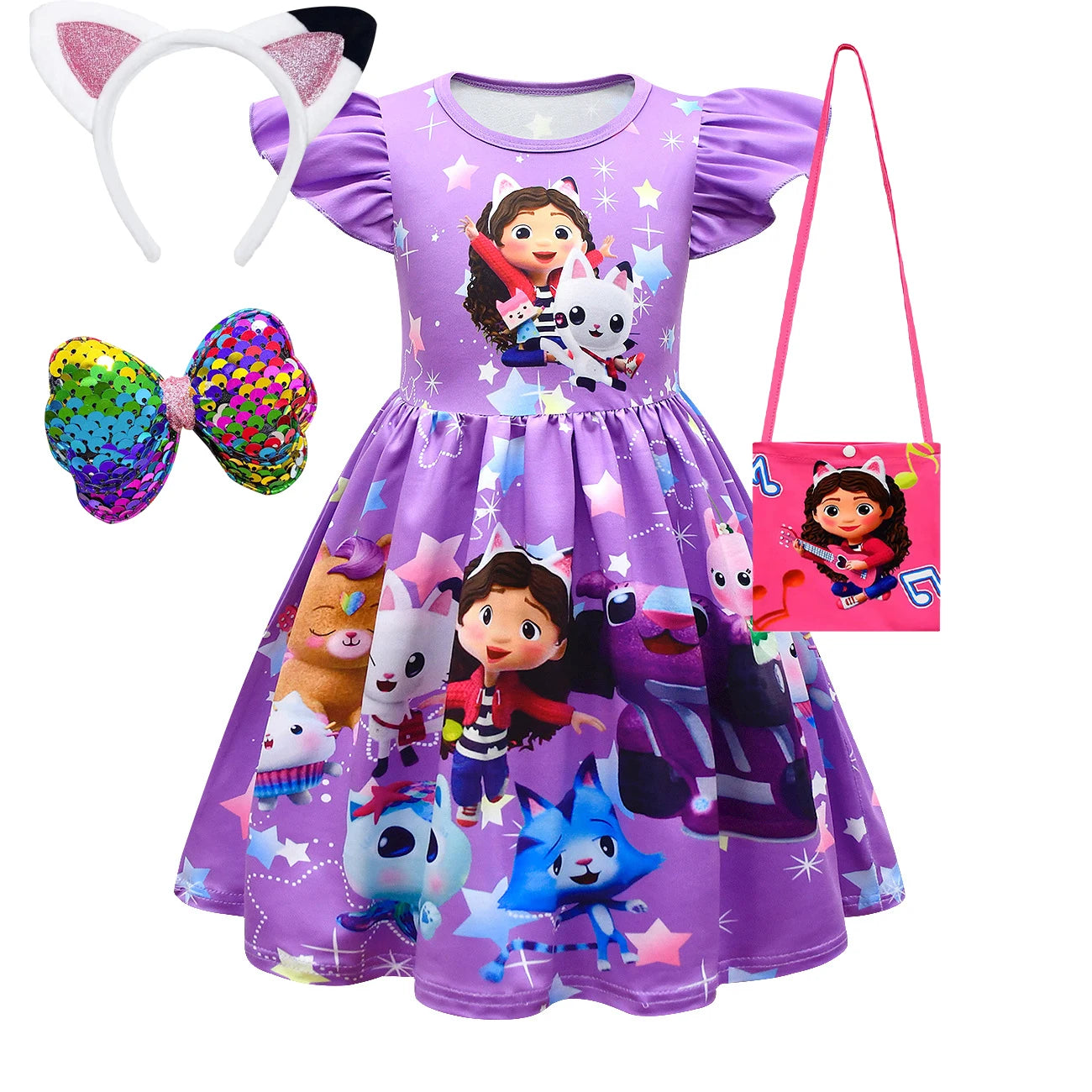 Girls Dress Short Sleeve Gabby's Dollhouse Princess Gabby Cat Mesh Tutu Skirt Children's Birthday Party Cosplay Dress Costume