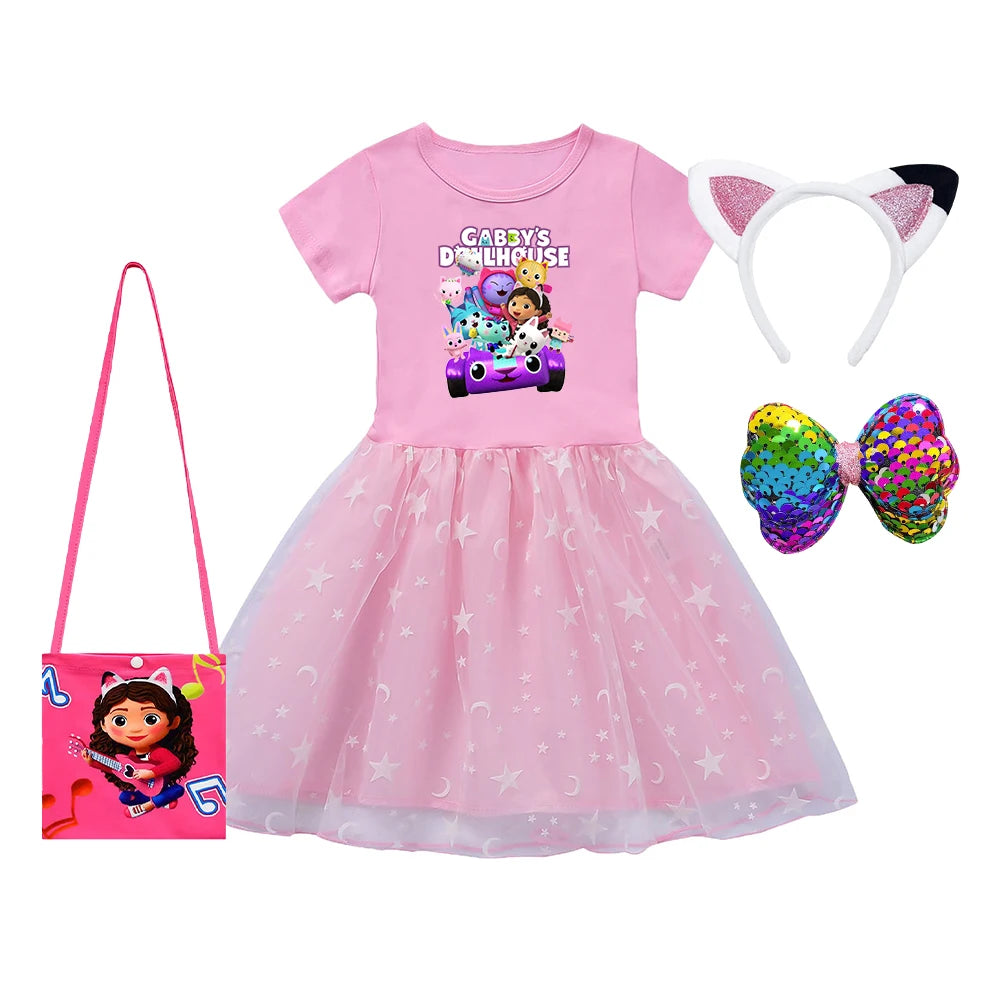 Girls Dress Short Sleeve Gabby's Dollhouse Princess Gabby Cat Mesh Tutu Skirt Children's Birthday Party Cosplay Dress Costume