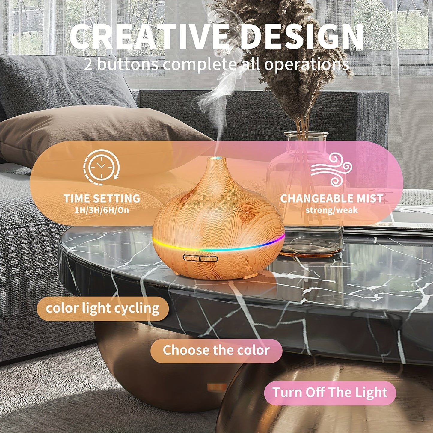 Soundwave technology 550ml Aroma Diffuser Humidifier with Wood Grain Design, 7-Color Night Light, Timer Setting, USB Powered - Quiet Desktop Diffuser for Office, Bedroom, Cafe, Yoga